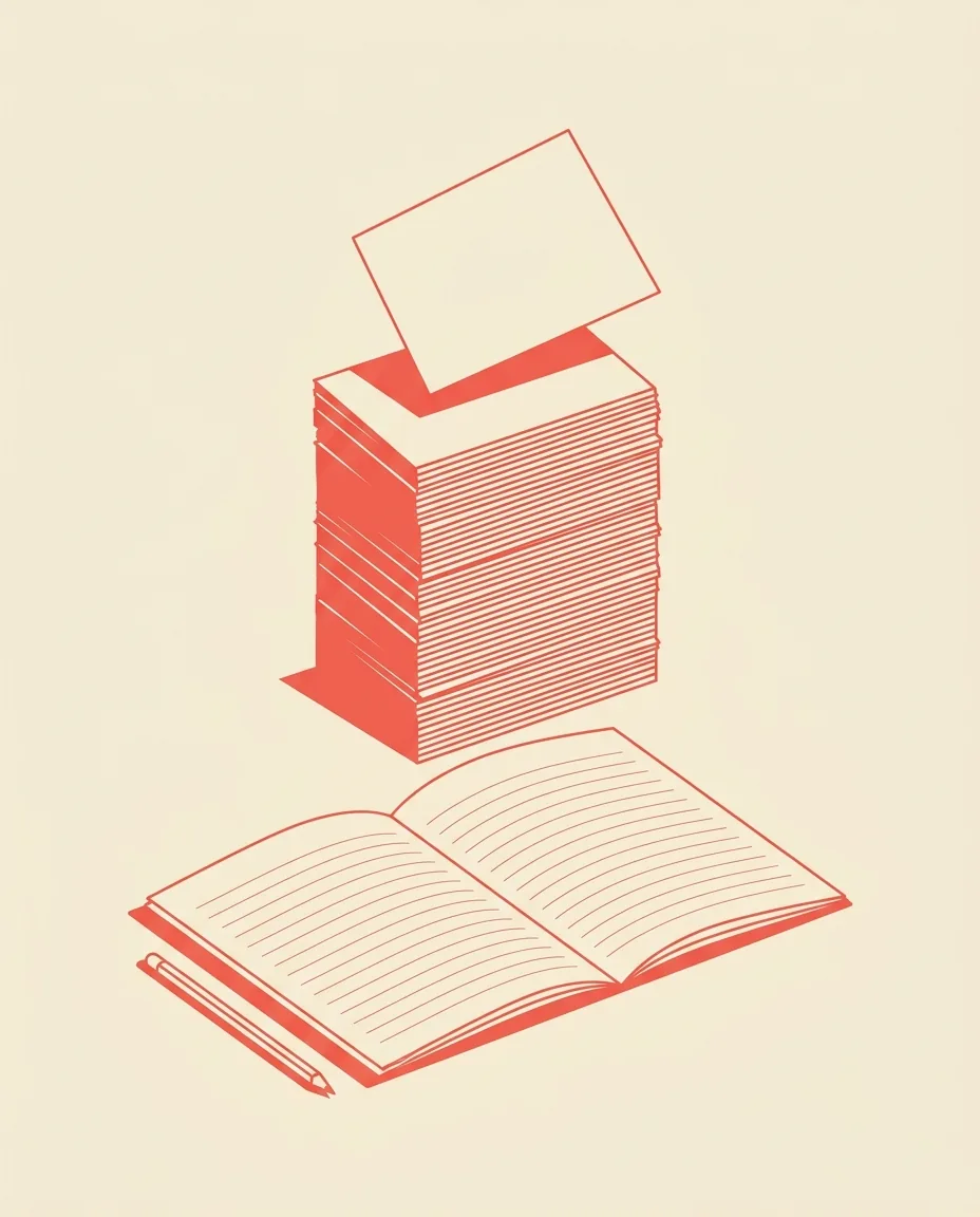 A stack of study cards beside an open notebook and a pencil