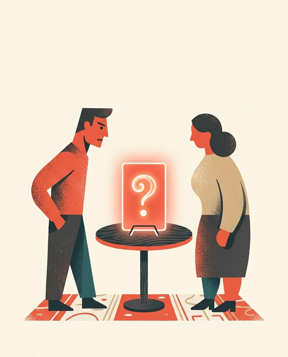 A circle of people around a table with a single question card at the centre