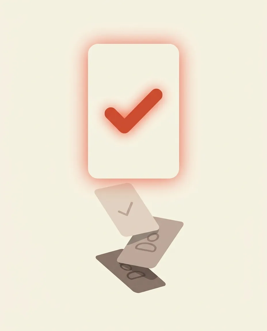 A card marked with a check as three alternative cards fall away